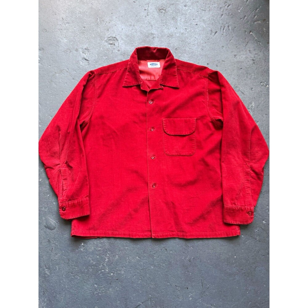 Vintage 60s Pilgrim Men’s L Red Solid Corduroy Button-Up Shirt Loop Collar